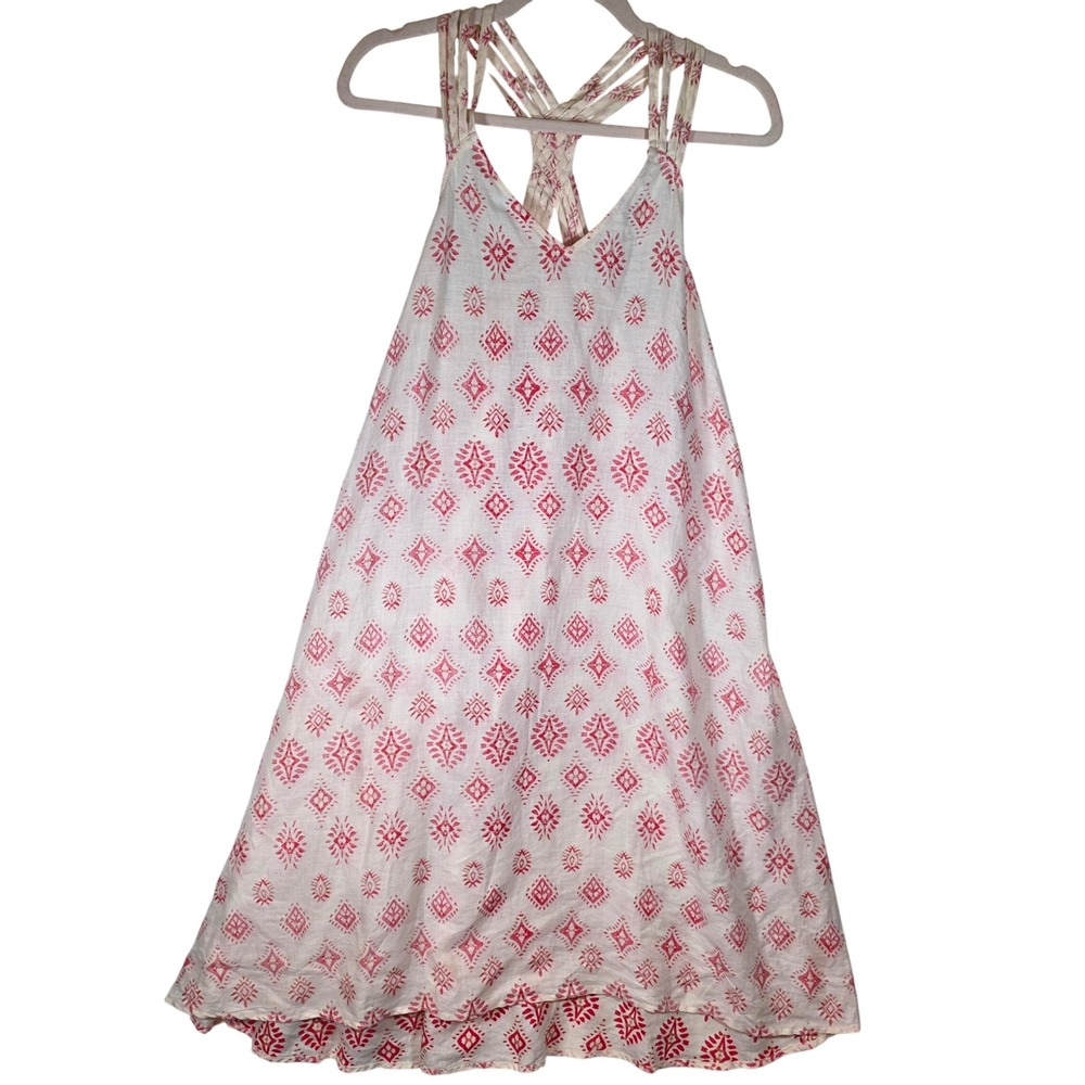 ARTISAN NY Women's S Cream Red Linen Batik Sundress Boho Summer Vacation Style